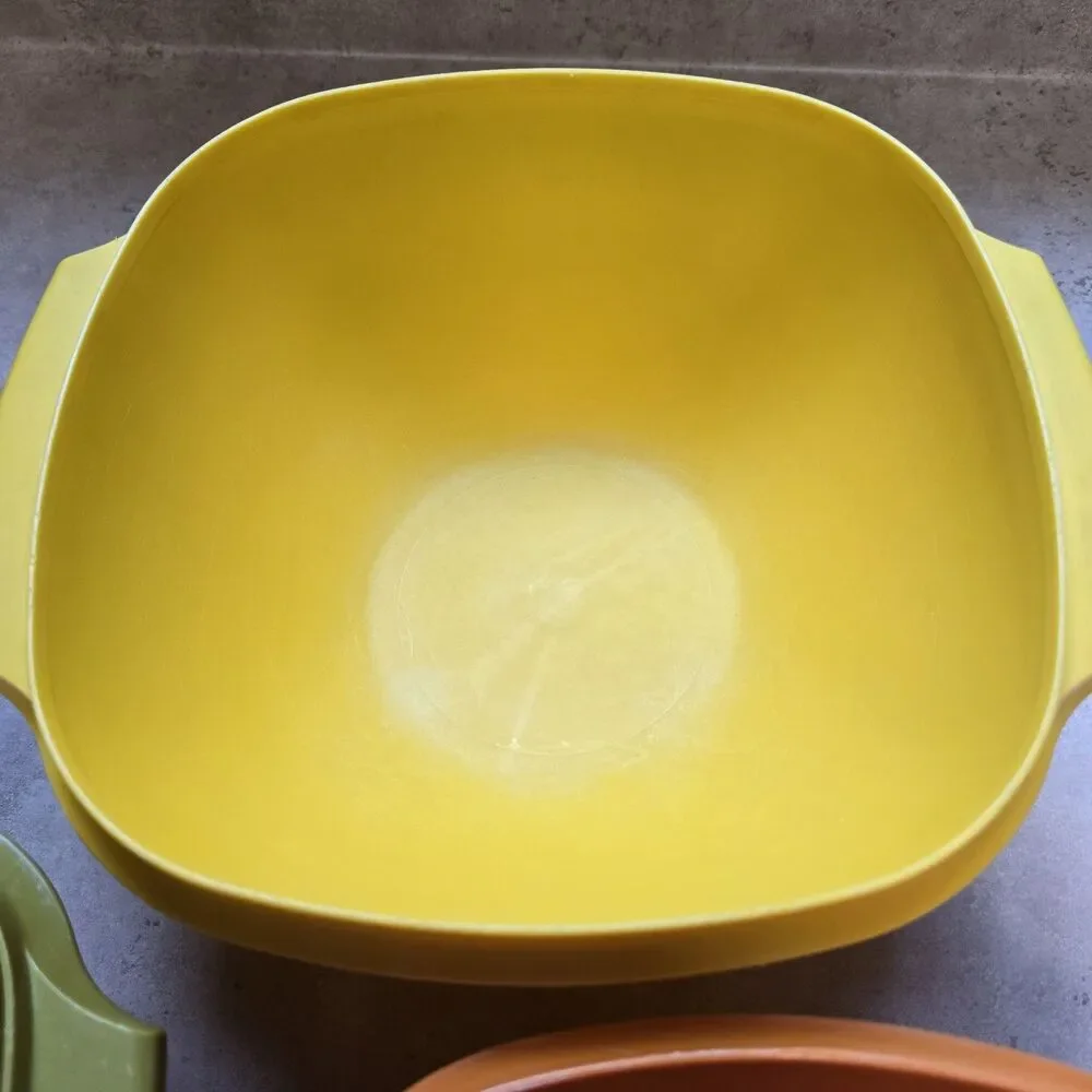 Tupperware Vintage Square Bowl & Lid Set 3pc Yellow Green Orange Plastic